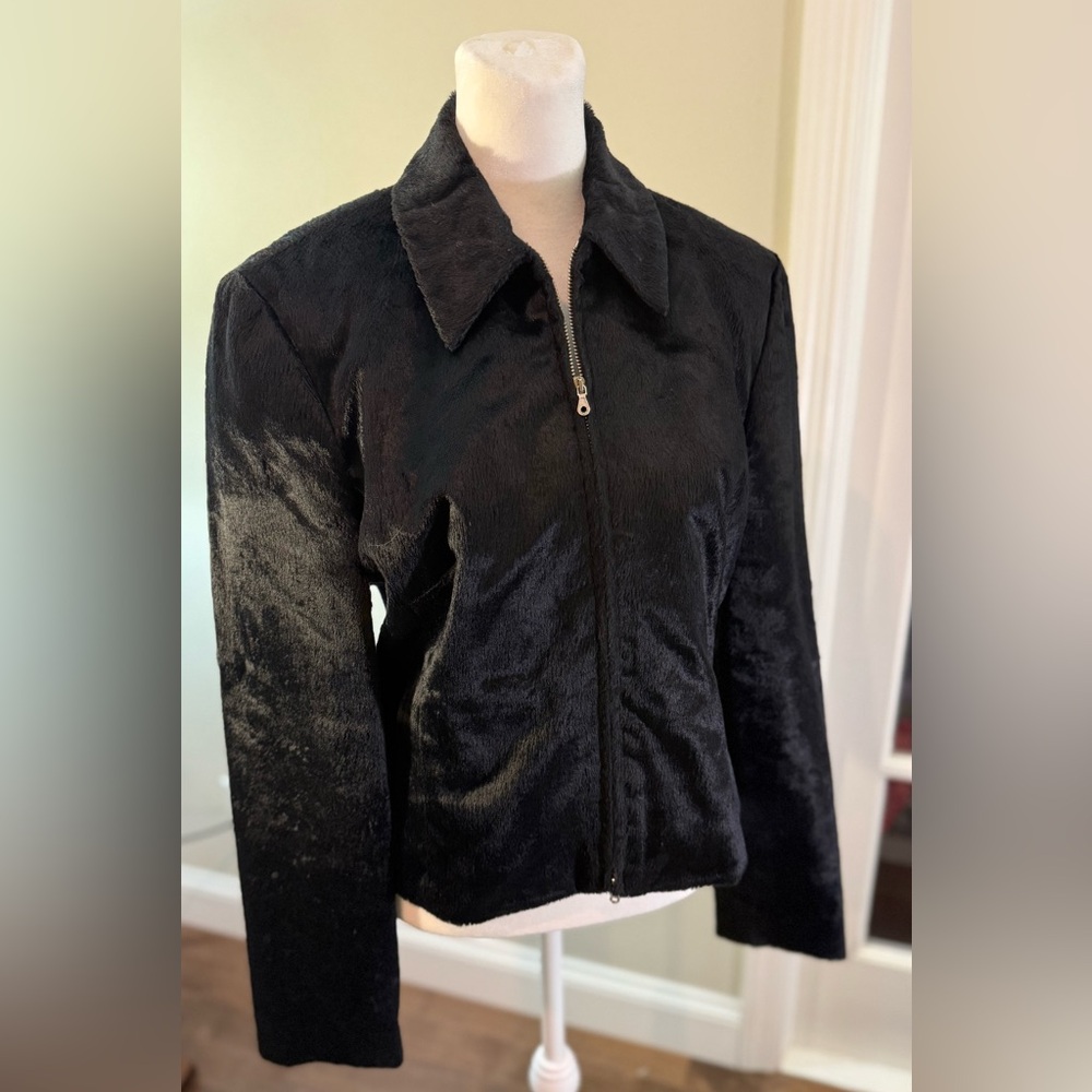 Vintage Tomasz Starzewski London Black Faux Fur Designer Jacket Y2K Front Zip 10